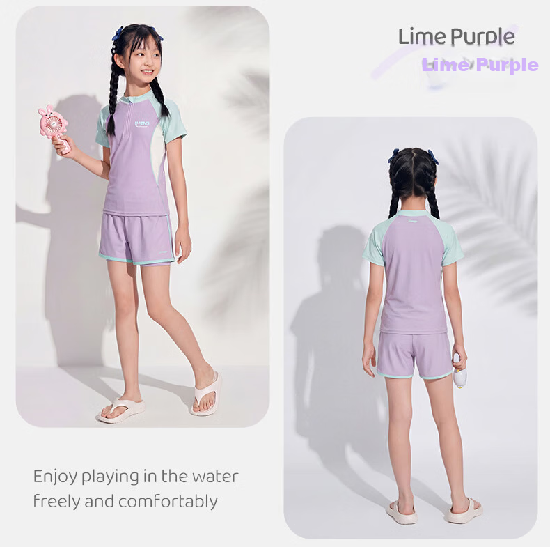LI-NING Kids Girls Two-Piece Short Sleeve Breathable Youth Swimwear 1431 Blue Purple Size 140 13