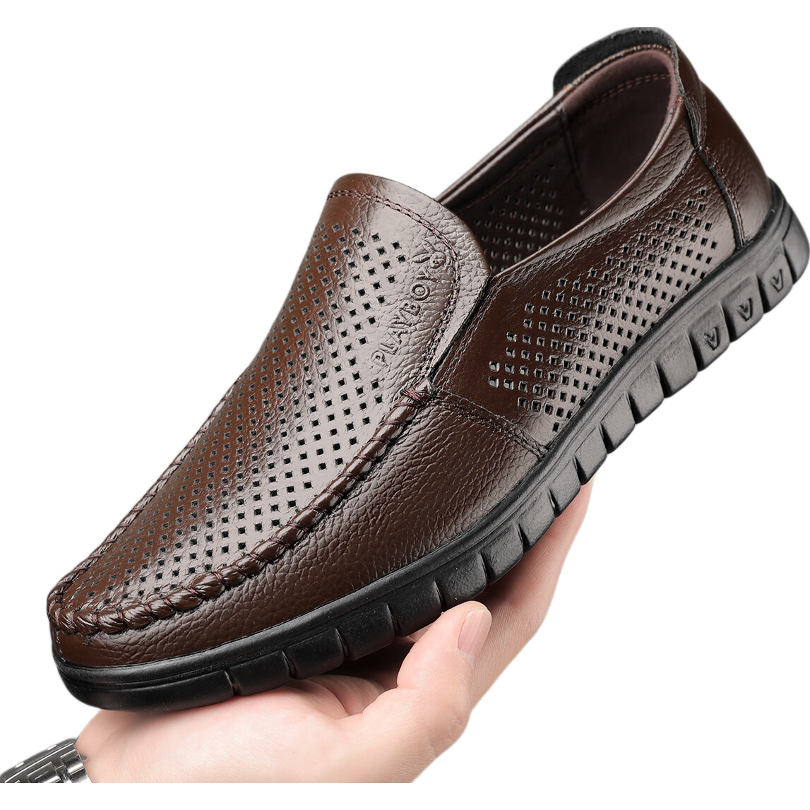 PLAYBOY Men's Shoes, Summer Hollow Breathable Soft Leather Middle-Aged And Elderly Dad Shoes, Slip-On Business Casual Leather Shoes, Dark Brown, Size 39