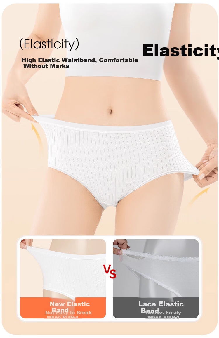 Deanqi Disposable Women's Cotton Crotch Underwear Sterile Individually Packaged Thick Breathable Striped 5-Pack XL 8