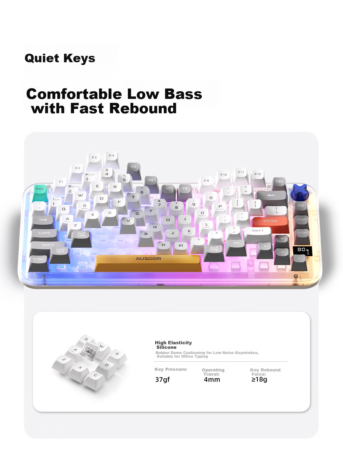 AUSDOM K75 Wireless Keyboard Three-Mode Bluetooth Wired Multifunctional Screen Display Mechanical Feel RGB Office Gaming E-sports Computer Laptop Universal Amber 75-Key Colorful 5