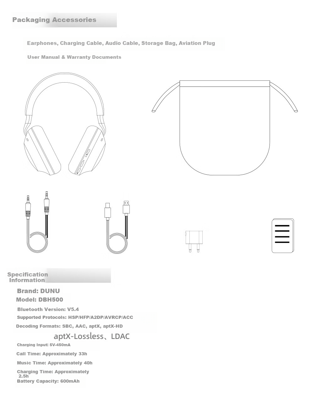 DUNU DBH 500 Over-Ear Wireless Bluetooth Headphones Active Noise Cancelling HiFi Dynamic Driver 3.5MM Single-End USB Wired Headphones for Mobile Phone Computer Tablet Bluetooth 5.4 Black 19