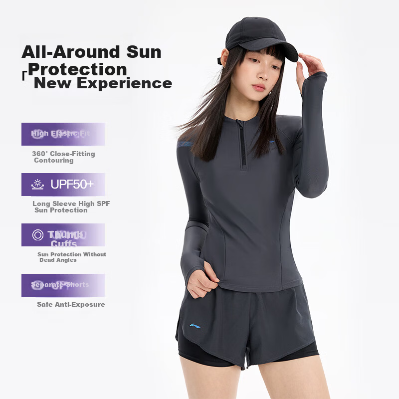 LI-NING Women's Premium 2026 New Split Long Sleeve Boxer Two-Piece Swimsuit Set Swimming Gear 1521 Black XL