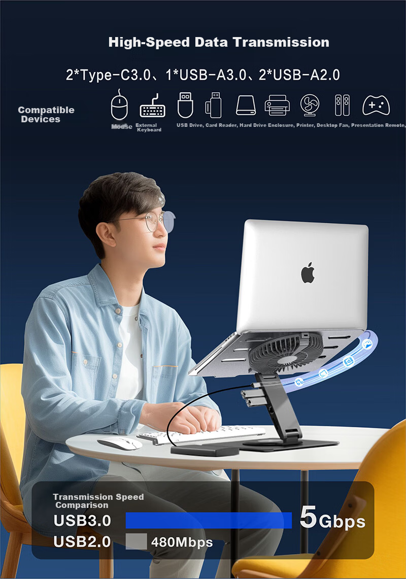 Hanzichen Laptop Stand with 8-Port Type-C Docking Station, Type-C 3.0 USB 3.0 Data Transfer, Foldable Adjustable Vertical Laptop Stand with Cooling Fan 6