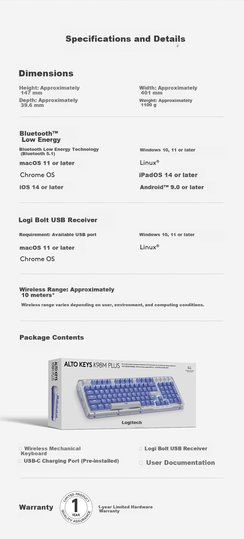 Logitech ALTO KEYS K98M Plus Custom Wireless Mechanical Keyboard White K98M Plus Custom Keyboard White 7