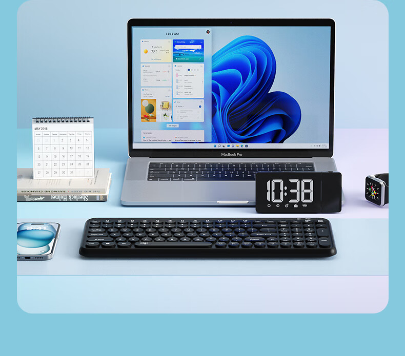 Aigo V610 Blue Quiet Office Business Keyboard, Wireless Bluetooth Connection, Rechargeable Lithium Battery, Compatible with WIN/MAC Dual Systems, Scissor Foot Structure, Full Size 18