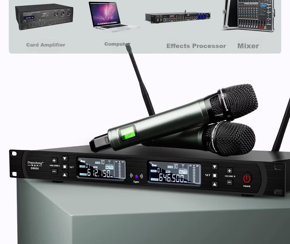 Depusheng DR666 Professional Wireless Microphone Dual Transmitter Karaoke Stage Performance KTV Singing School Speech Wedding Conference UHF Long-Distance Anti-Howling Microphone System 30