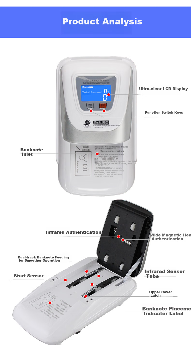 Weirong HK600(C) LCD Screen Lithium Battery 2025 New RMB Portable Currency Detector Smart Voice Bank Currency Verifier 8