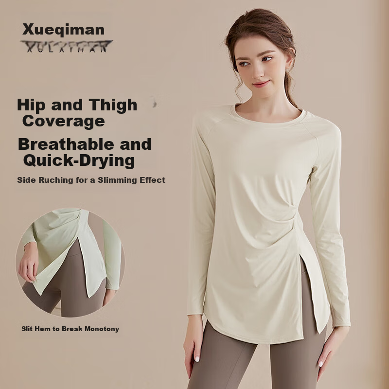 XUEXIMAN Women's Quick-Dry Long Sleeve Yoga Top Mid-Length Slim Fit Breathable Pilates Fitness Shirt