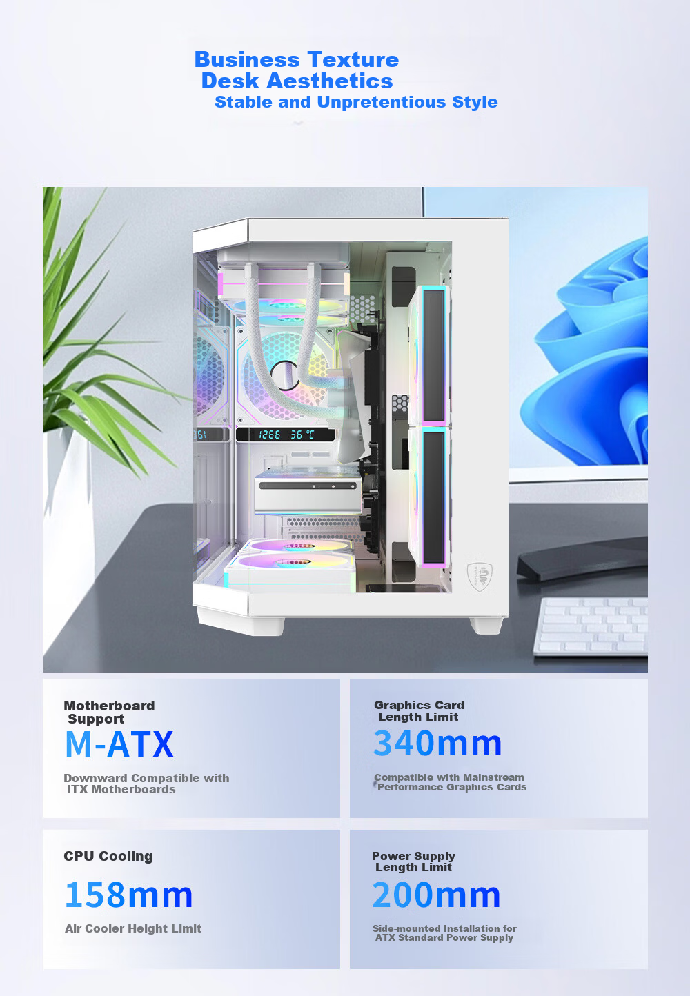 SAHARA Space Capsule 6 Seaview White Gaming Office Desktop PC Case with Side Window, Triple Glass Support, MATX, 240mm Water Cooling, 7 Fan Slots 4