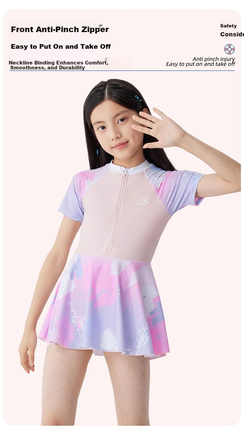 ANTA Kids Girls One-Piece Skirted Sunscreen Swimwear Youth Student Large Child Hot Spring Swimsuit Pink 170 7