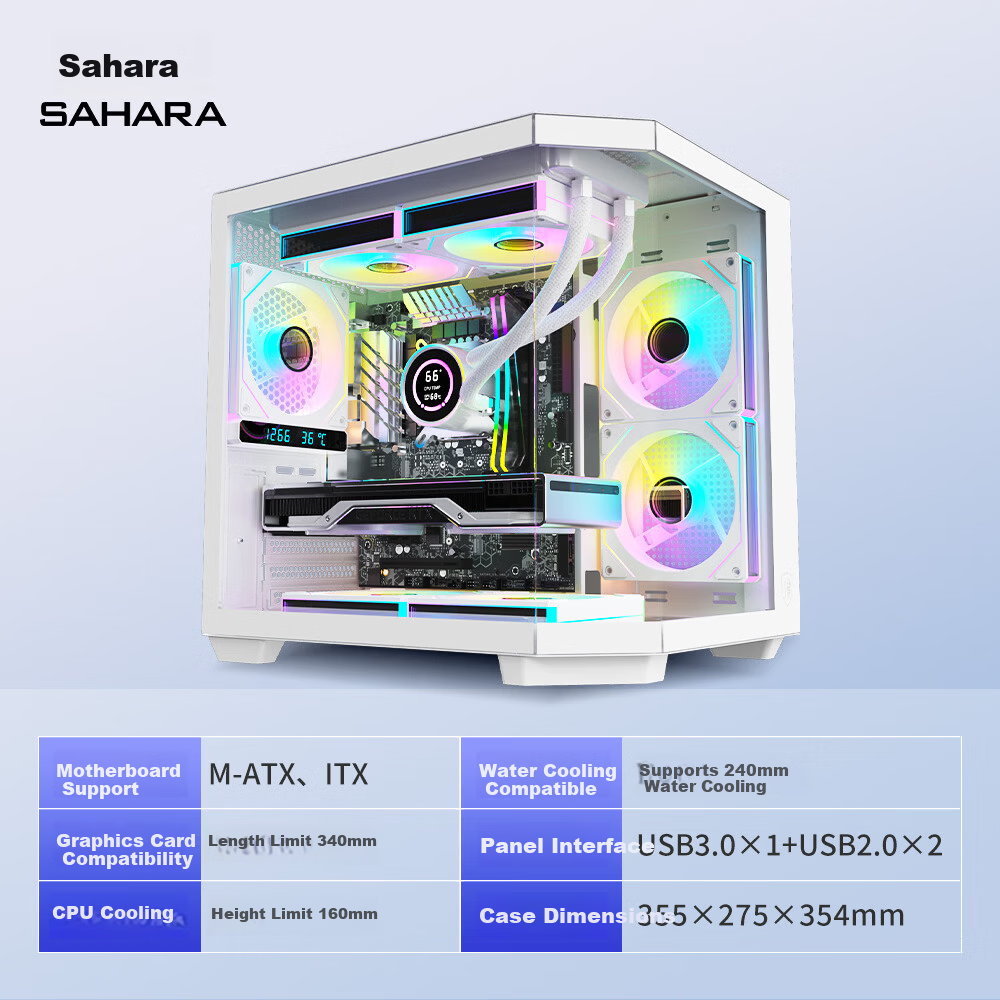 SAHARA Space Capsule 6 Seaview White Gaming Office Desktop PC Case with Side Window, Triple Glass Support, MATX, 240mm Water Cooling, 7 Fan Slots