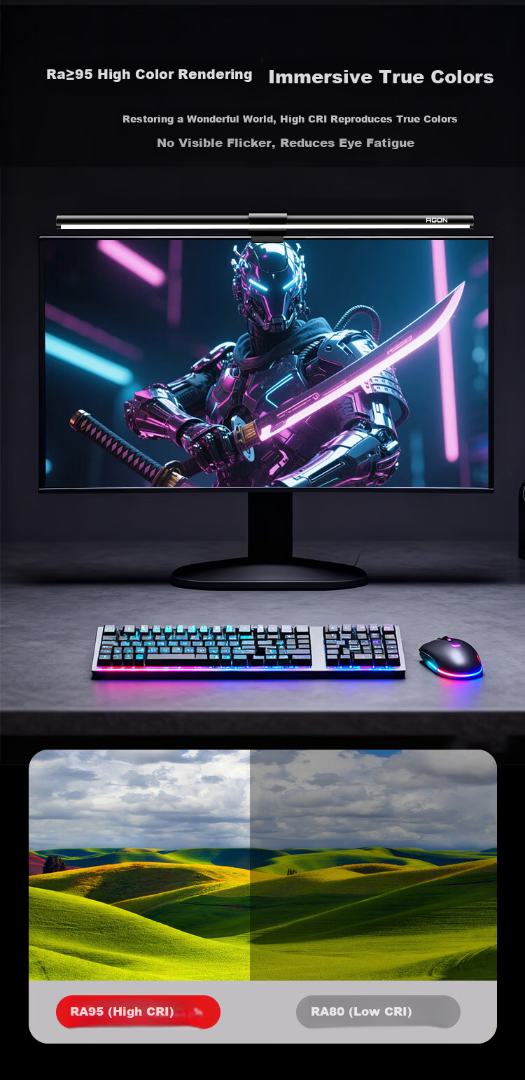AOC Monitor Screen Hanging Lamp High Color Rendering Asymmetric Light Source Gaming Study Eye Protection Lamp Flicker-Free Power-Off Memory Three-Level Color Temperature 400B 3