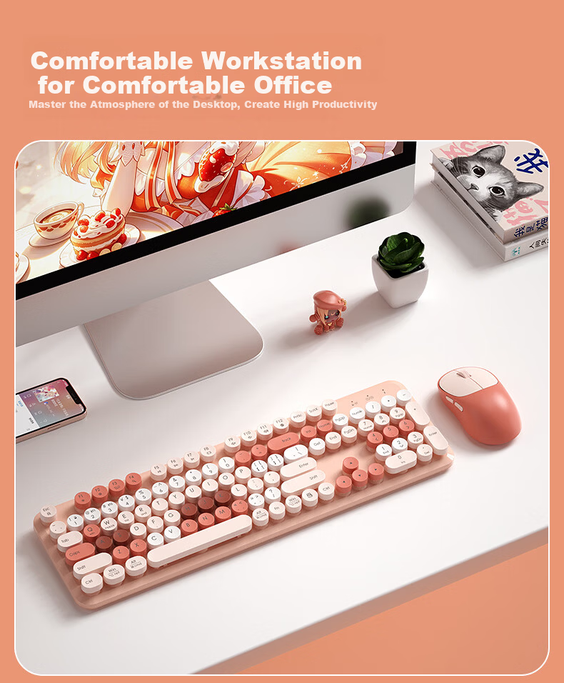 B.O.W Hangshi V96 Wireless Bluetooth Dual-Mode Keyboard Quiet High-Value Ergonomic Design Unisex Office Home Tablet Laptop Mobile Universal Spring River Pink 5