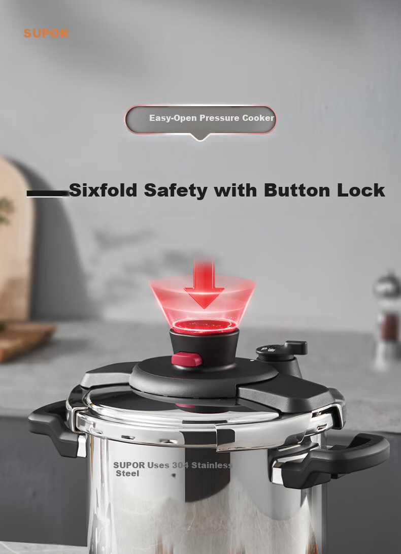 SUPOR 22cm 5.7L 304 Stainless Steel Pressure Cooker High-Pressure Gas and Induction Cooker Compatible Explosion-Proof One-Touch Opening Home Use 1