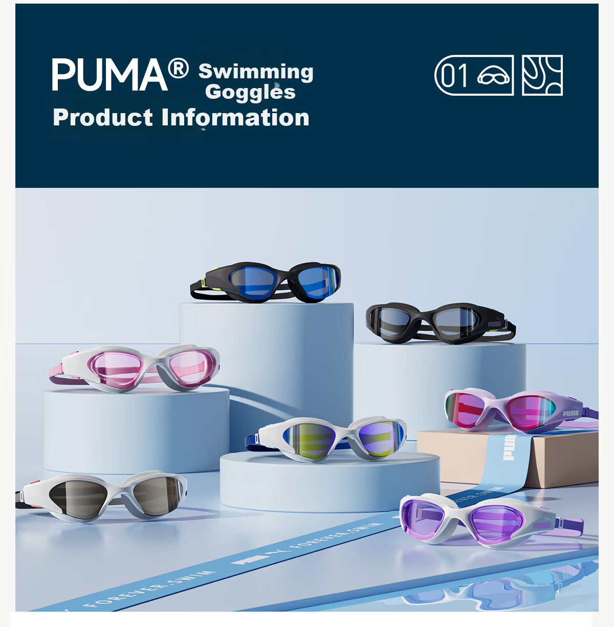 PUMA Men's Swim Trunks, Goggles, And Swim Cap Three-Piece Set Anti-Embarrassment High-Definition Anti-Fog Highly Elastic Swim Shorts Non-Water Swimming Equipment 36