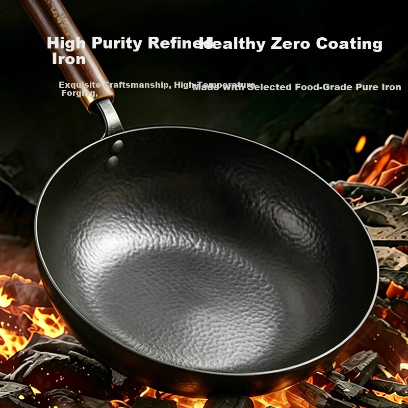 Bear Iron Wok Thickened Hammered Texture Healthy Non-Coated True Stainless Steel 30cm with Solid Wood Lid