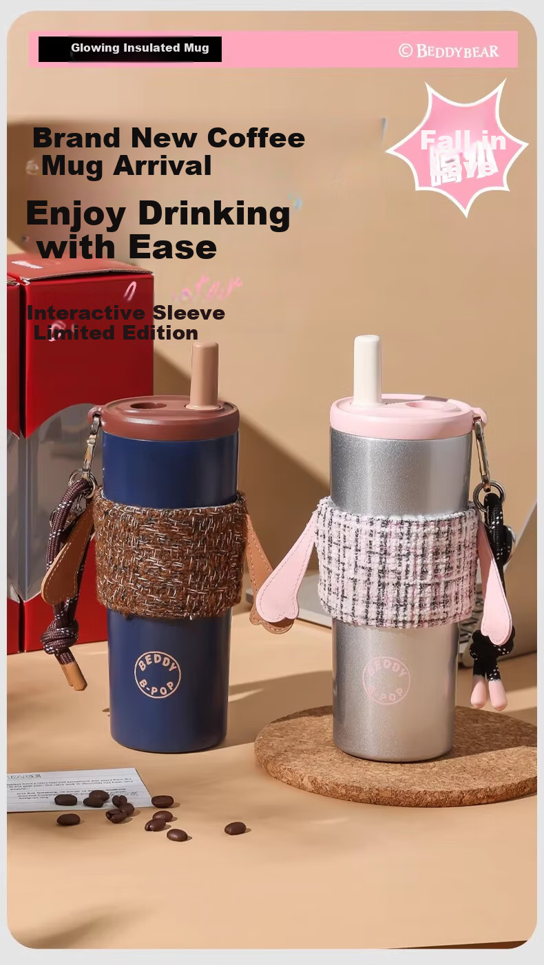 BEDDYBEAR Glowing Insulated Water Bottle for Women High-Value Portable Straw Cup Coffee Tea Student Cup 580ML Galaxy 1
