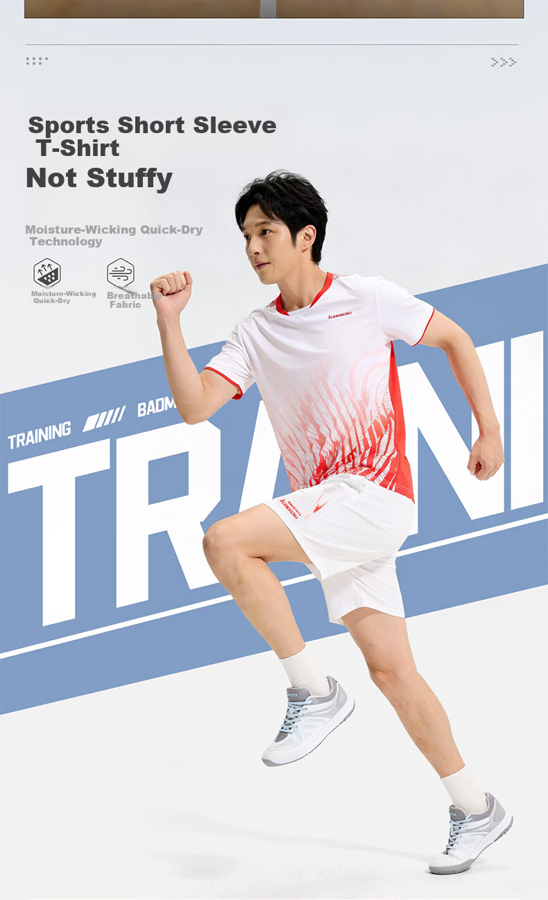 KAWASAKI Unisex Badminton Short Sleeve T-Shirt Competition Training Jersey Quick-Dry Navy Blue L 2