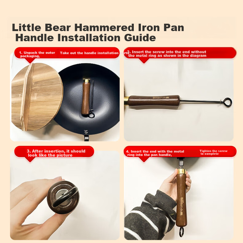 Bear Iron Wok Thickened Hammered Texture Healthy Non-Coated True Stainless Steel 30cm with Solid Wood Lid 10