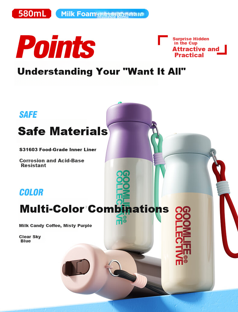 GOOM Double Drinking Sports Insulated Bottle Fitness Straw Cup Portable Car Cup Student Water Bottle 580ml Milk Candy Coffee 1
