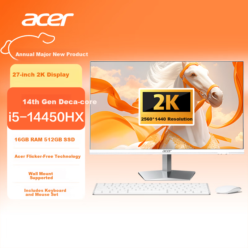 Acer 27-inch 2K All-in-One Desktop Computer for Business and Home Use, 14th Gen 10-Core i5-14450HX, 16GB RAM + 512GB SSD