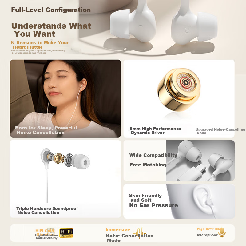 Viken 2026 Latest Berlin Sound Wired Type-C Sleep Side-Sleeping Noise-Isolating In-Ear Earphones Noise-Cancelling Digital Music Earplugs