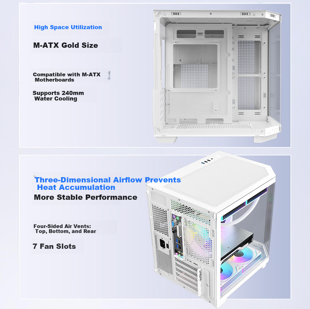 SAHARA Space Capsule 6 Seaview White Gaming Office Desktop PC Case with Side Window, Triple Glass Support, MATX, 240mm Water Cooling, 7 Fan Slots 3