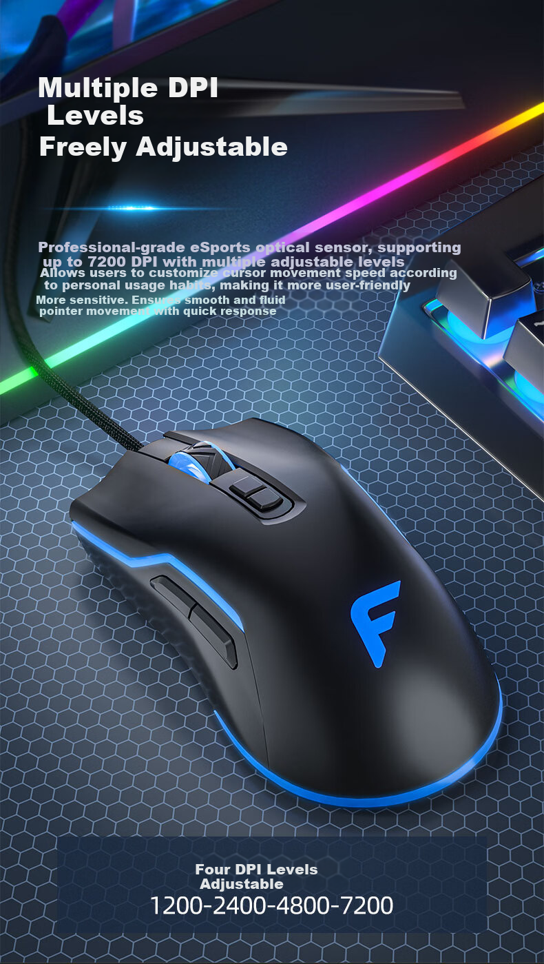 Founder Seven-Color Mixed Light Wired Gaming Mouse 4-Level Up to 7200DPI Esports-Grade Chip Gaming Office Mouse Universal for PC Laptop G900 Black 7