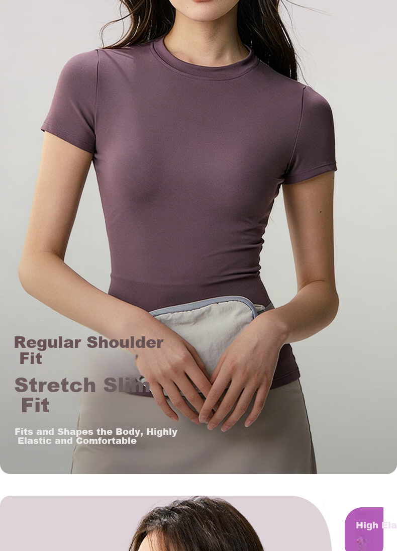 Xueqiman Women's Summer Thin Short Sleeve Quick-Dry High Elasticity Slim Fit Yoga Pilates Training Fitness T-Shirt 6