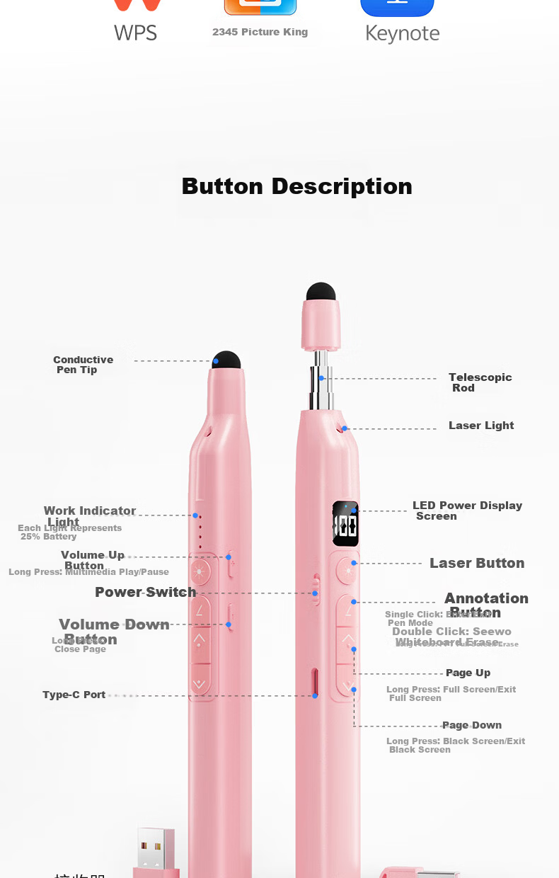 ULT-unite Laser Pointer Presentation Remote Teacher Multifunctional Telescopic Teaching Pointer Compatible with Seewo Whiteboard PPT Touch Writing Pen Wireless Remote Multimedia Hot Selling Model 13