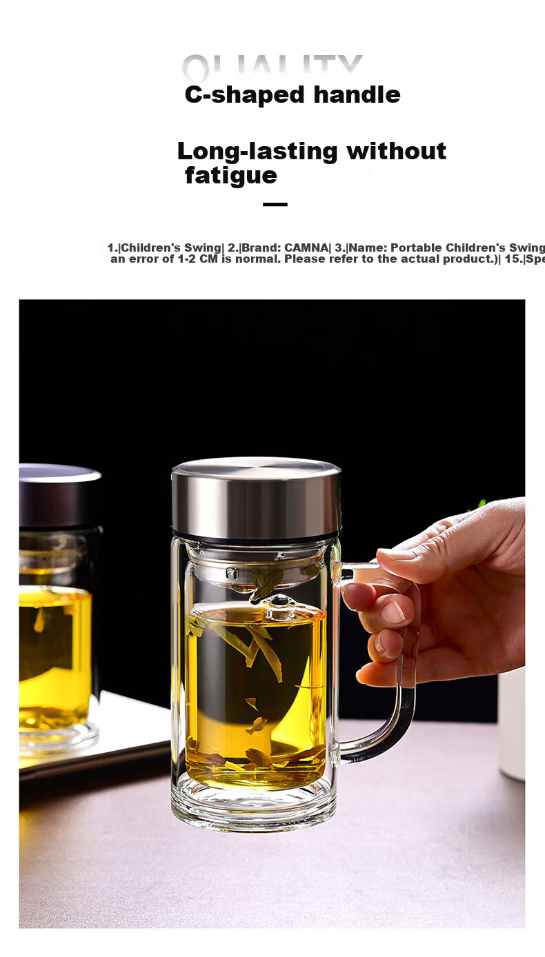 Jiwusenlin Double Layer Glass Business Tea Cup Large Capacity Office Meeting Water Cup with Handle 380ml 4
