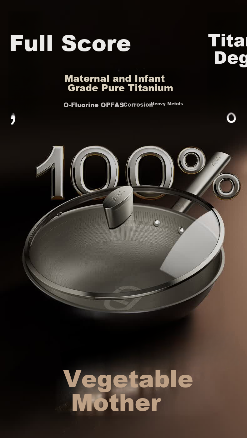 ASD Pure Titanium Wok Non-Stick 32cm Frying Pan Fluorine-Free Coating Gas and Induction Cooker Compatible 3
