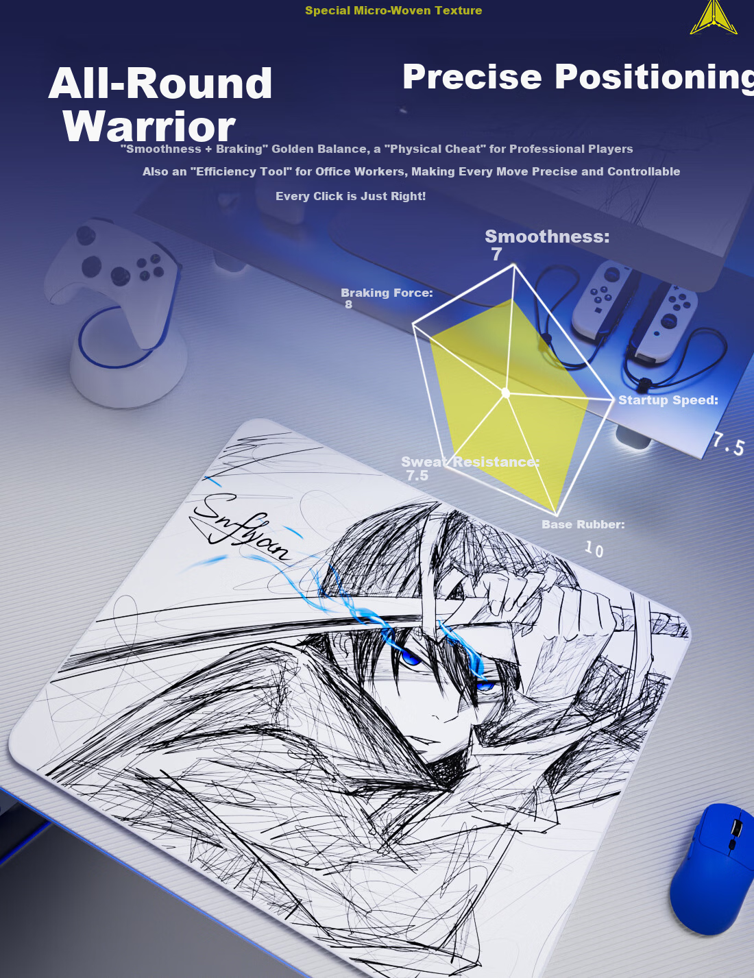 Saifeiyan [Wushuang] Ultra-fiber Cloth Gaming Mouse Pad Professional FPS Waterproof Balanced Pad Line Art Design CSGO Valorant Control Pad Wushuang Black 480x400x5mm 5