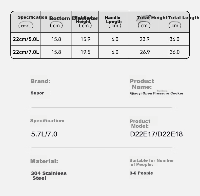 SUPOR 22cm 5.7L 304 Stainless Steel Pressure Cooker High-Pressure Gas and Induction Cooker Compatible Explosion-Proof One-Touch Opening Home Use 17
