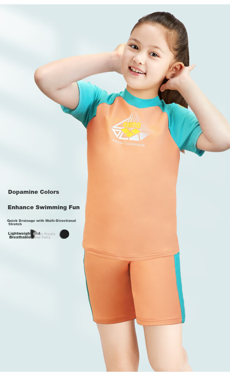 Arena Kids Girls Dopamine Short Sleeve Two-Piece Swimsuit UV Protection Quick-Dry High Elasticity Chlorine Resistant Comfortable Fit 4