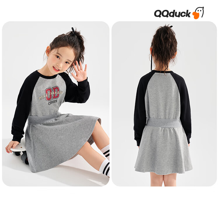 QQ DUCK Children's Clothing Girls' Dress Sports Preppy Style Youth Waist-Cinching Dress Navy Blue; Size 140 7