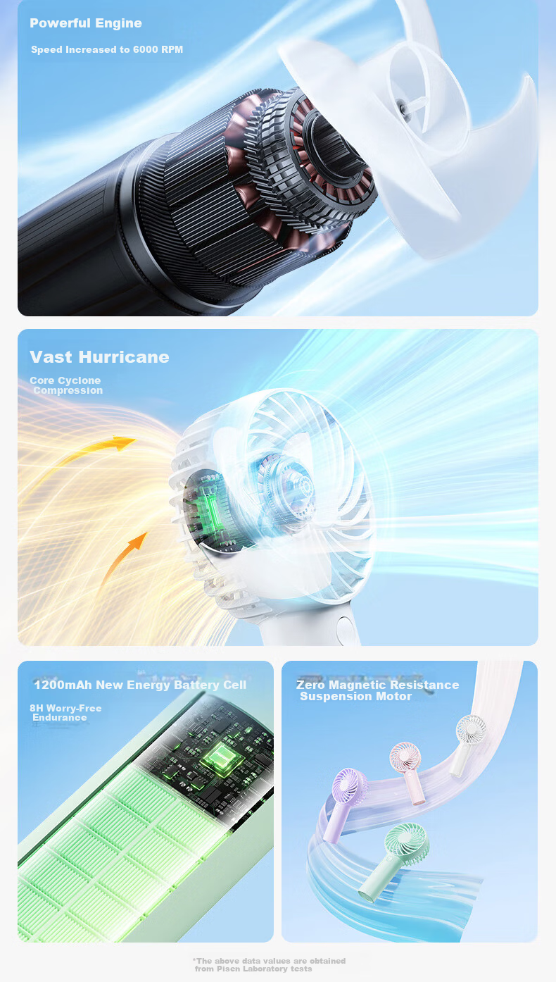 Pisen Handheld USB Rechargeable Portable Mini Fan Office Outdoor Camping Desktop Fan 1200mAh Long Battery Life Green 4