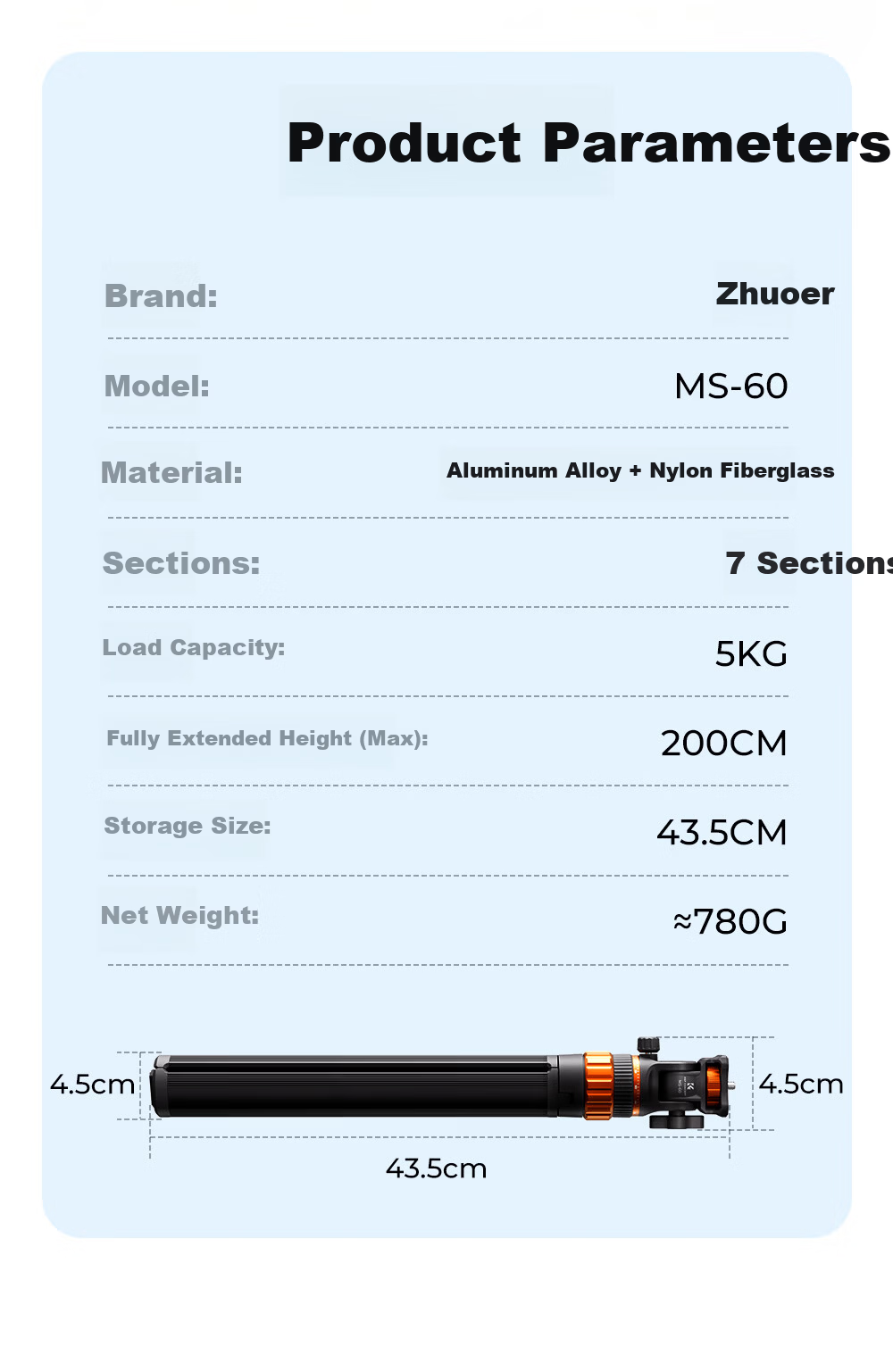 Zhuoer MS-60 Portable Tripod Quick-Release Anti-Pinch Multi-Function Aluminum Alloy Phone Live Streaming Stand DSLR Camera Photography Panorama Aluminum Alloy Tripod 13