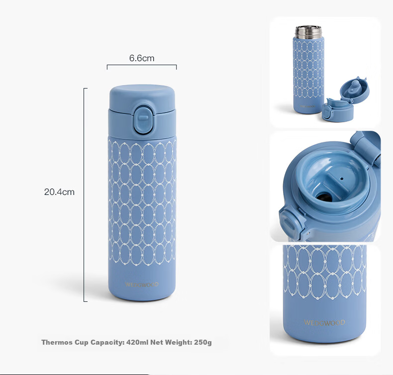 Wedgwood Gold Dust Blue Insulated Stainless Steel Travel Mug 420ml Portable Thermal Coffee Cup 10