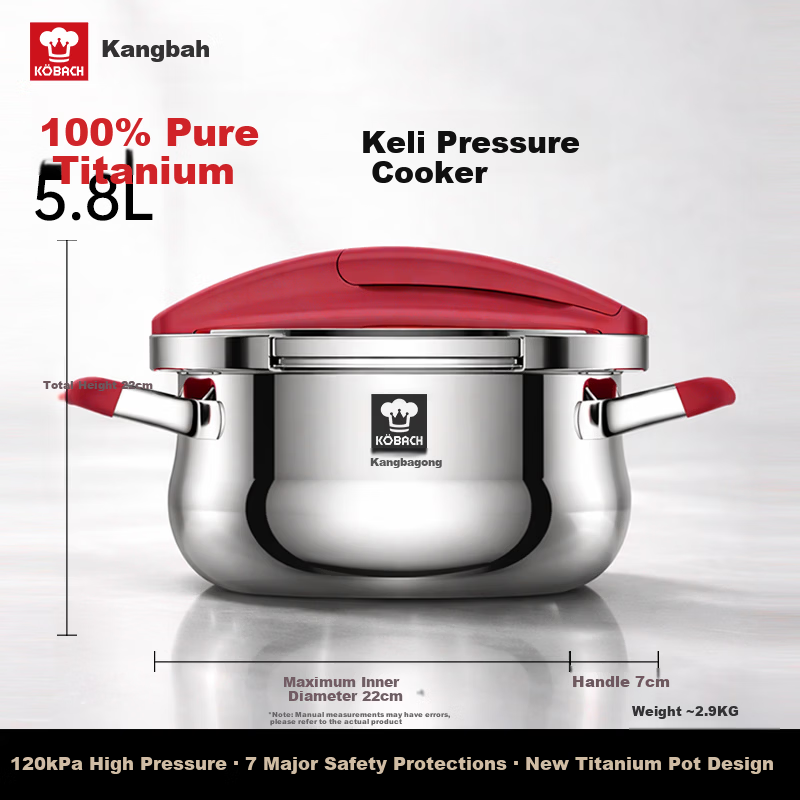 Kambach Pure Titanium Pressure Cooker Single-Handed Opening Multi-Safety Explosion-Proof Foldable Standing Lid Compatible with Induction and Gas Stoves