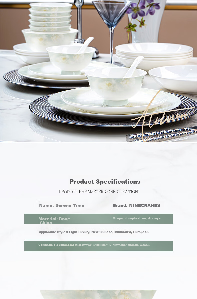 NINE CRANES Jingdezhen High-Quality Bone China Household Bowls Underglaze Color Microwave Safe Simple 4.5-Inch Rice Bowls Set of 10 7
