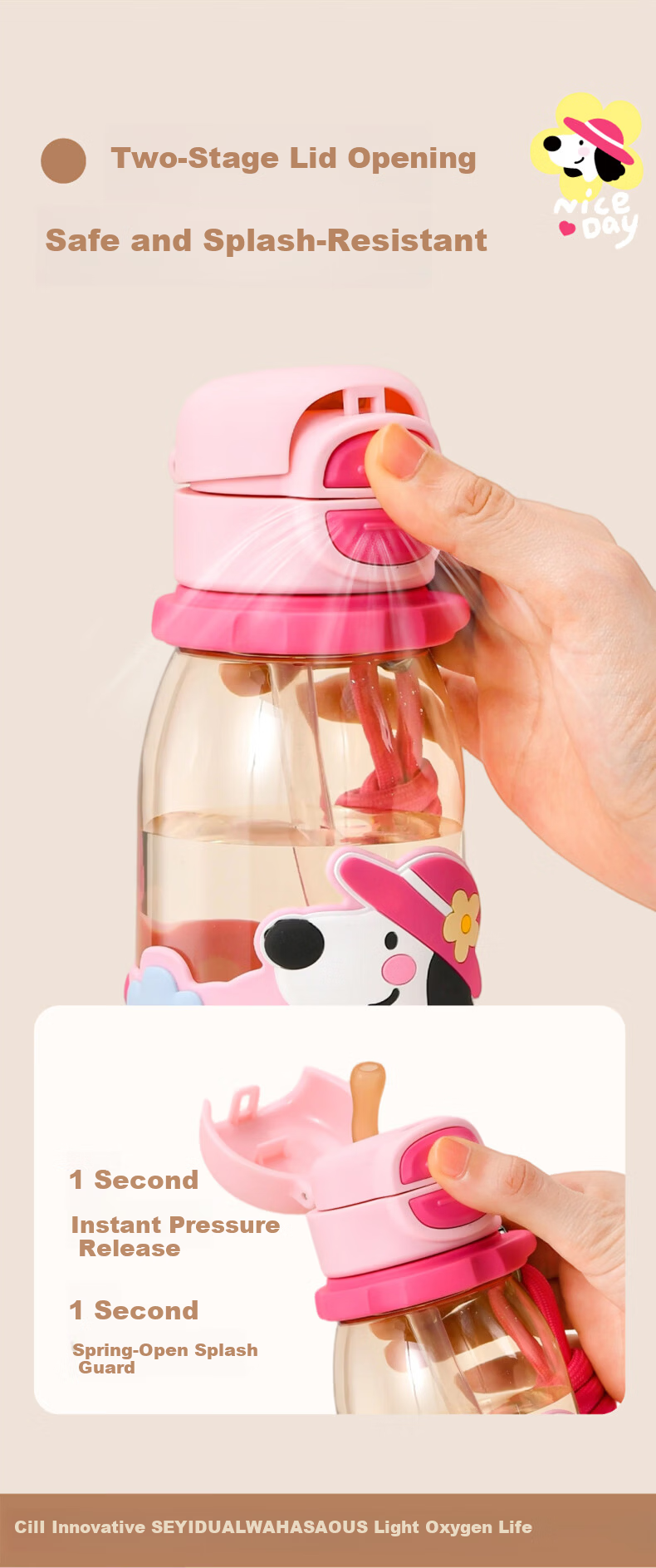 Cille Children's Water Bottle Portable Dual-Use PPSU Plastic Drinking Cup for Girls School Backpack Baby Durable High-Temperature Resistant 10