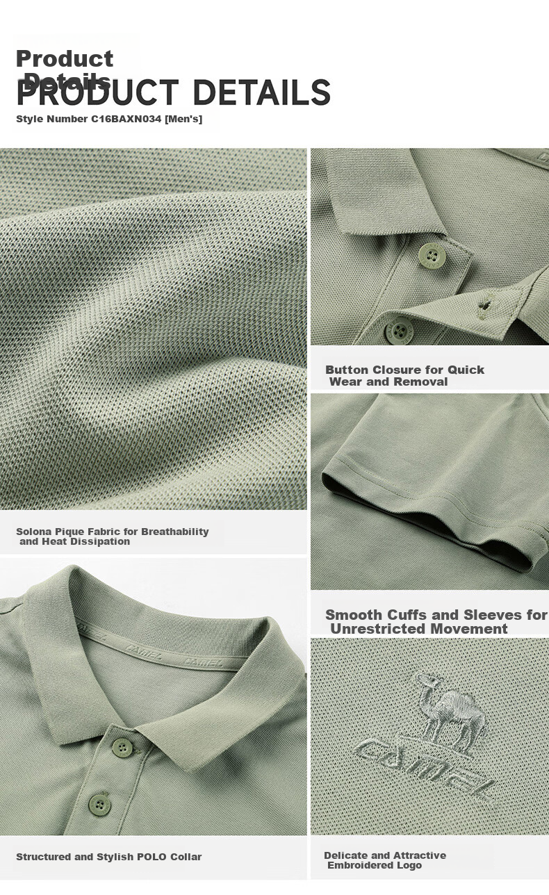CAMEL Men's Quick-Dry Sports Polo Shirt, Casual Short Sleeve T-Shirt, Light Bean Green, Size M, Model C16BAXLN034 15