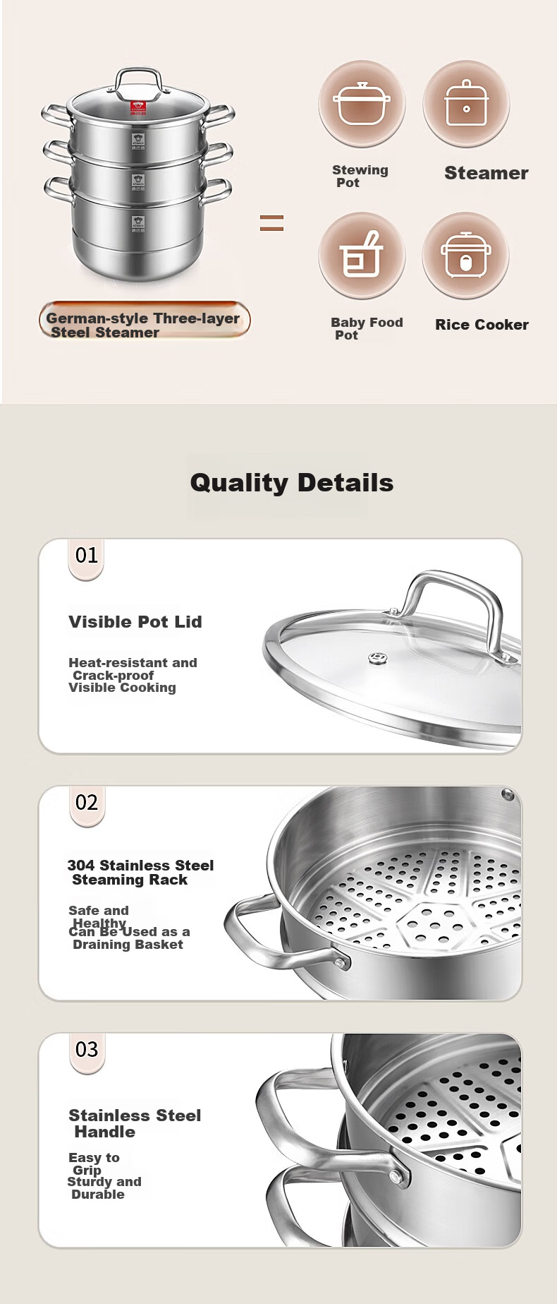 KOBACH German Style 3-Layer 32cm Thickened 304 Stainless Steel Steamer Pot Compatible with Induction and Gas Stoves 7