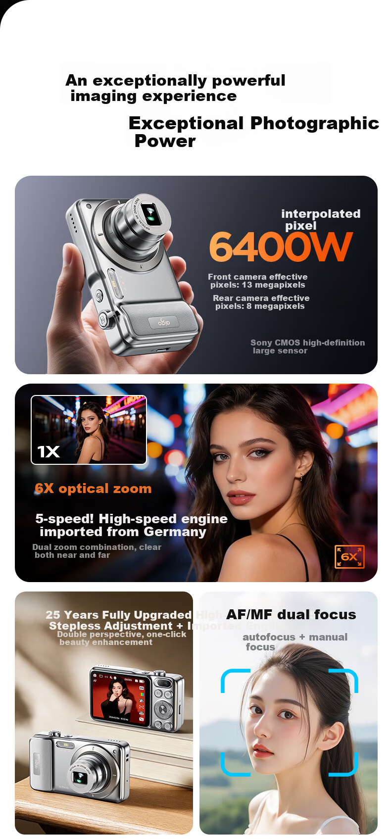 Aigo T600 Optical Zoom Retractable Lens Dual Camera Selfie Student Digital Camera Gift for Girls, Entry-Level Mirrorless Vlog Campus Alternative CCD, Silver White Color, 32GB 1