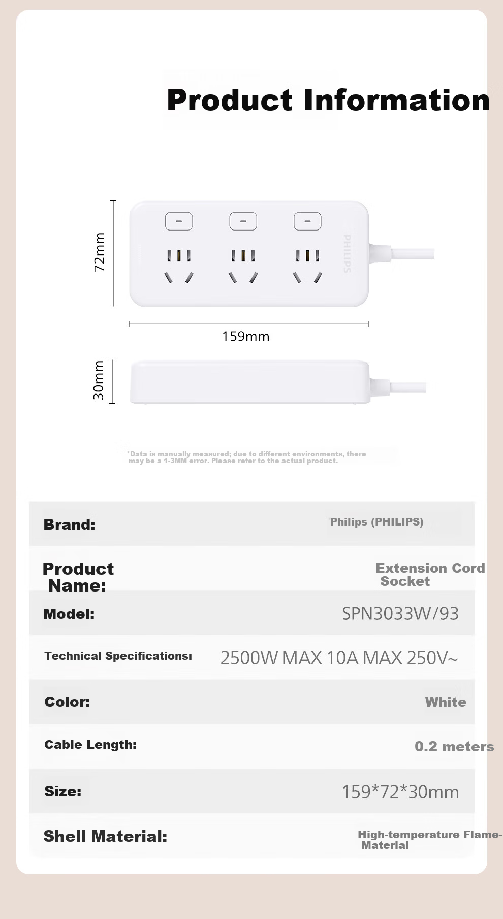 PHILIPS 3-Outlet Independent Switch Short Extension Power Strip 0.2m Kitchen Socket Multi-Outlet Power Board 11