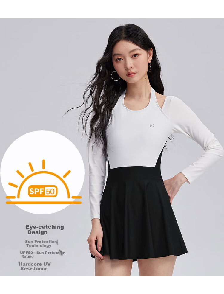 Keep Women's One-Piece Skirted Conservative Slimming Tummy Control Professional Training Swimsuit Black and White Colorblock XL 3