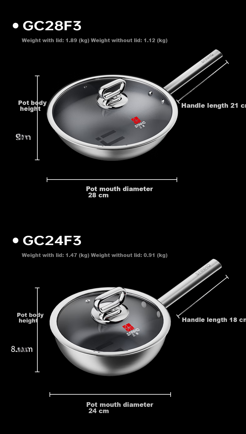 Sanhe 0-Coating Ultra-Fire Pure Titanium Frying Pan 28cm with Lid Non-Slip Base for 2-3 People Offline Model GC28F3 + Cling Film 26