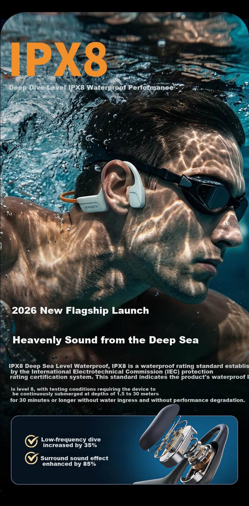 Skyworth G8 Bone Conduction Bluetooth Earphones Wireless Professional Sports Running Outdoor Open-Ear Swimming Compatible with Apple Huawei Xiaomi Waterproof Sweatproof 32GB Memory Starry Black 5