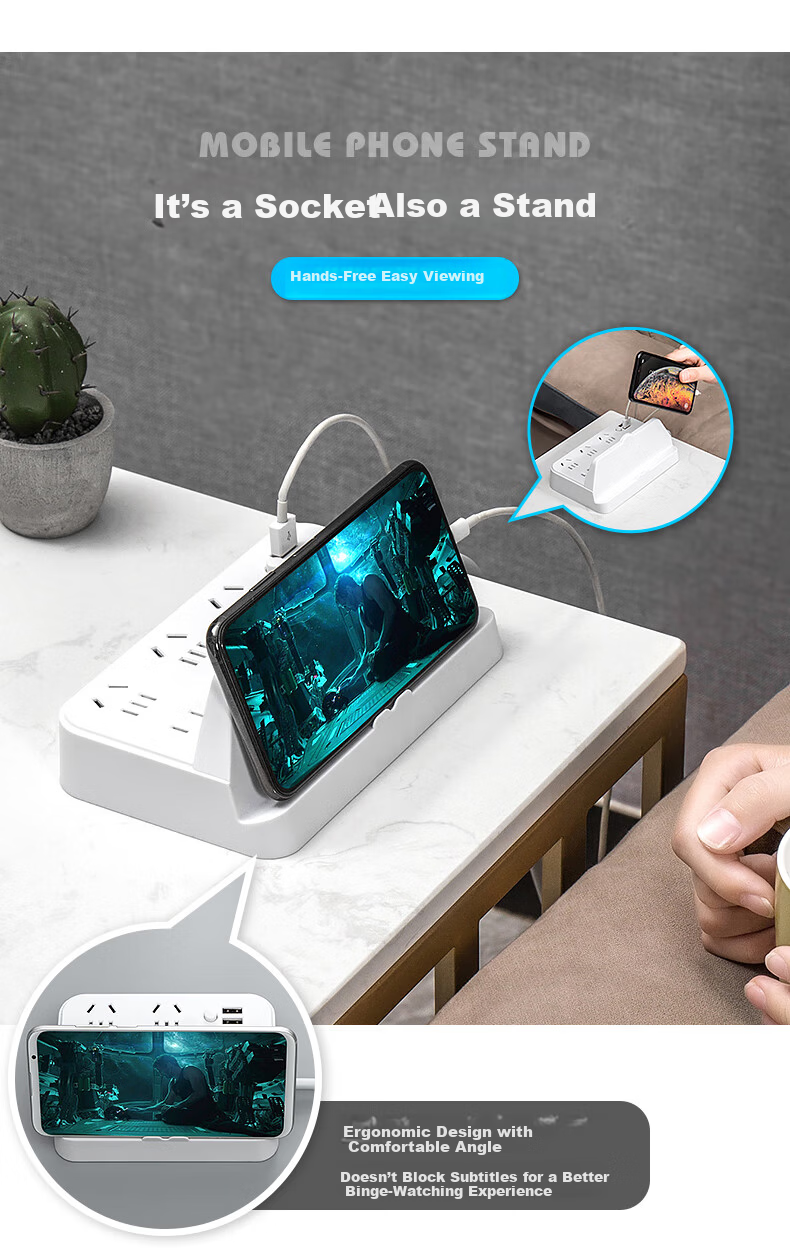 Sushiermo Multifunctional USB Power Strip Socket with Phone Holder, 4 Outlets, 1.8m Cord, Master Switch, Suitable for Office/Desk Use 7